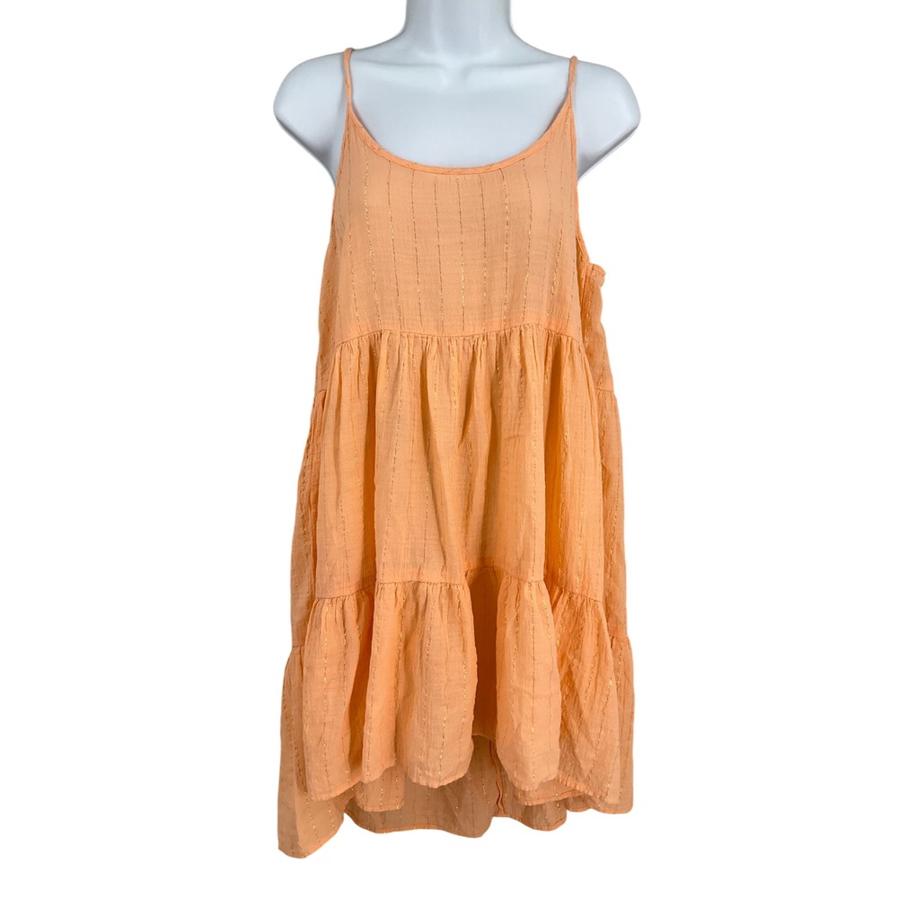 Aerie Babydoll Dress Women M Peach Cotton Metallic Gold Stripe Gauzy Tiered Boho